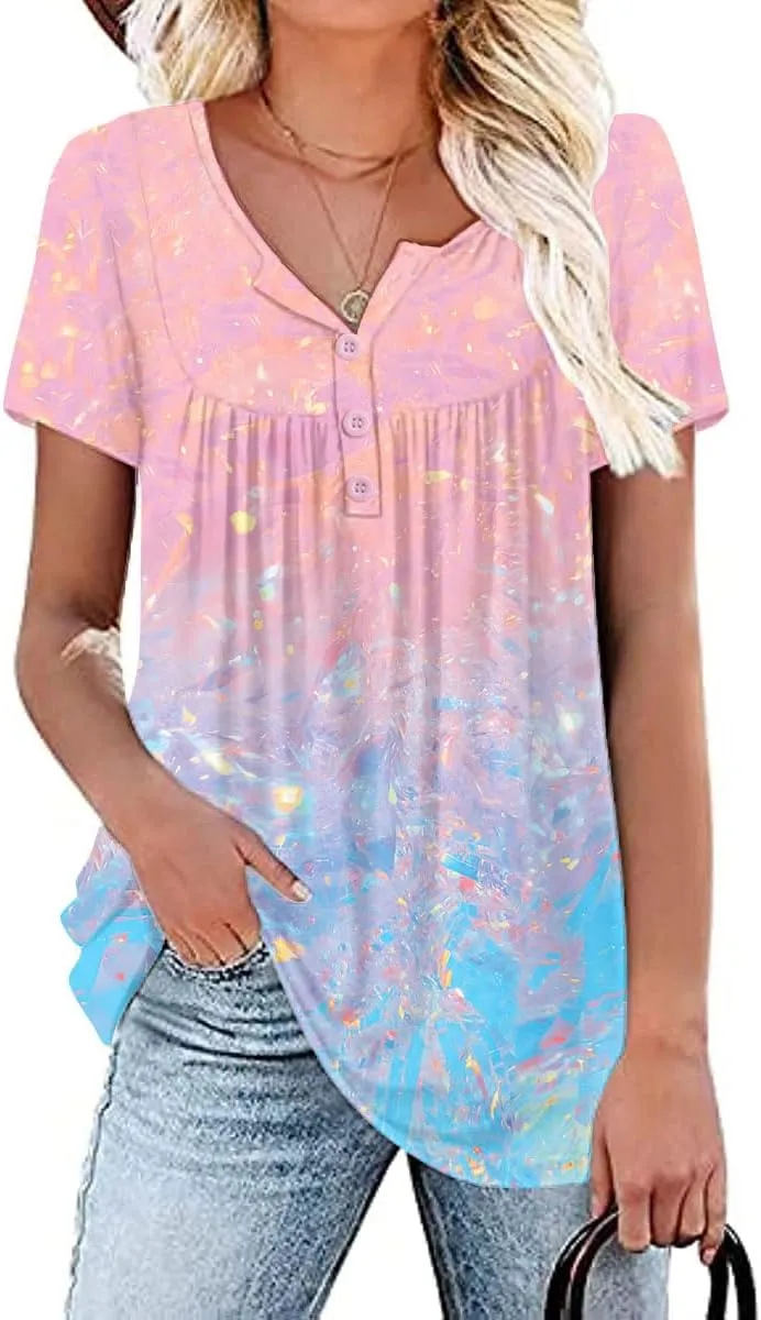 Women's Summer Short Sleeve Tunic Plus size ladies shirts Floral Blouse Loose Flowy Tops for Leggings M-4XL