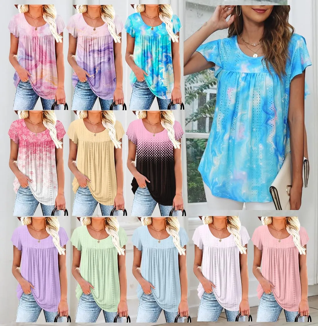 Women's Summer Short Sleeve Tunic Plus size ladies shirts Floral Blouse Loose Flowy Tops for Leggings M-4XL