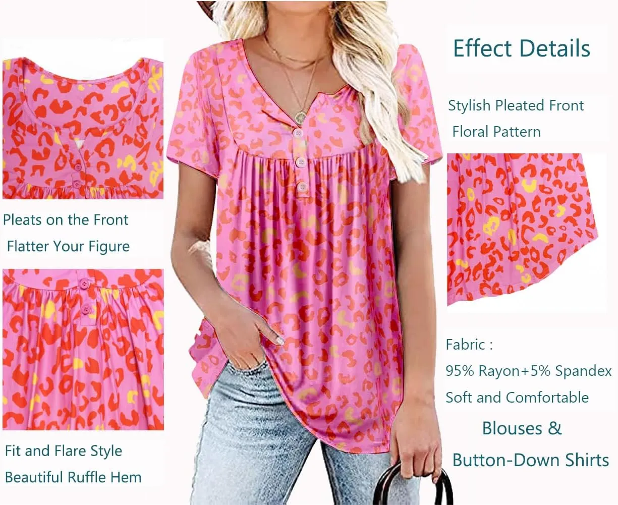 Women's Summer Short Sleeve Tunic Plus size ladies shirts Floral Blouse Loose Flowy Tops for Leggings M-4XL