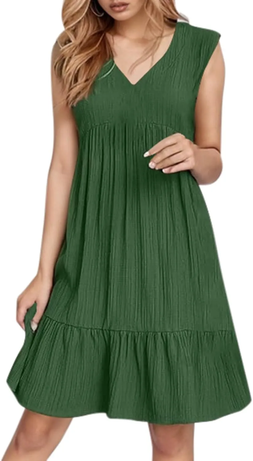 Womens Summer Sleeveless V-Neck Dresses Flowy Boho Beach Sundress Casual Swing Mini Dress with Ruffle Hem for Vacations