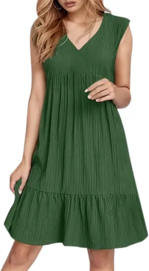 Womens Summer Sleeveless V-Neck Dresses Flowy Boho Beach Sundress Casual Swing Mini Dress with Ruffle Hem for Vacations