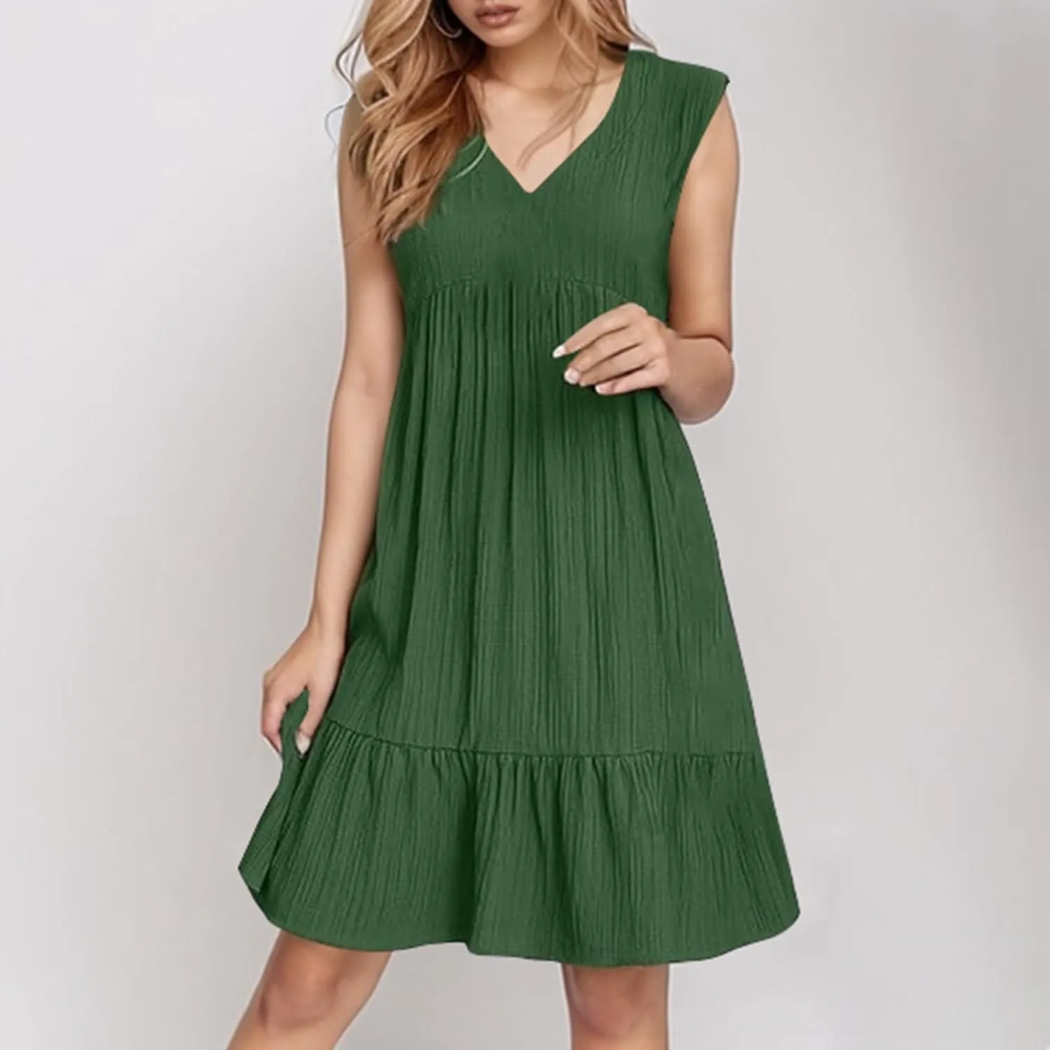 Womens Summer Sleeveless V-Neck Dresses Flowy Boho Beach Sundress Casual Swing Mini Dress with Ruffle Hem for Vacations