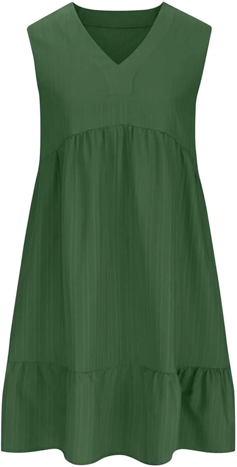 Womens Summer Sleeveless V-Neck Dresses Flowy Boho Beach Sundress Casual Swing Mini Dress with Ruffle Hem for Vacations