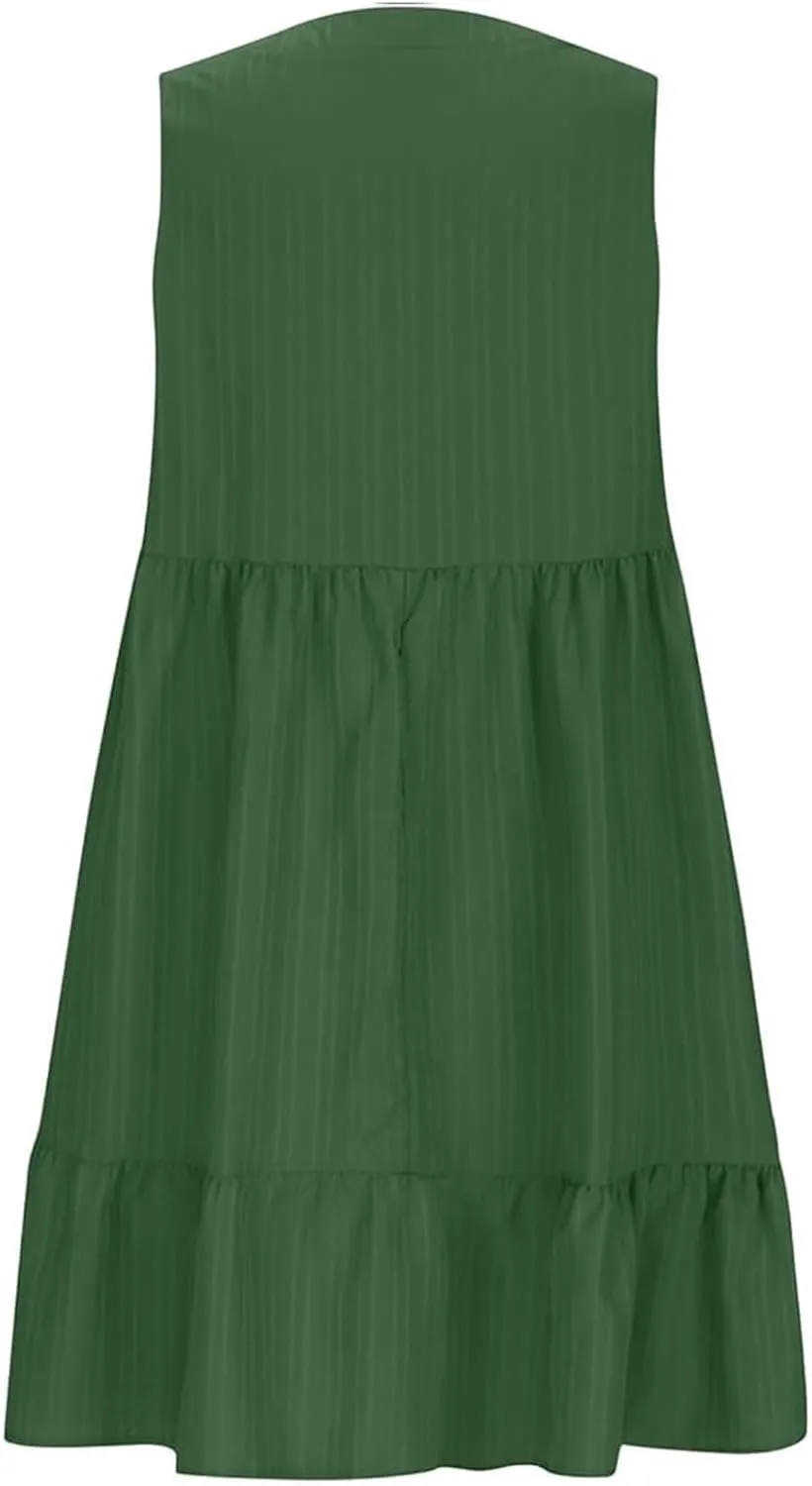 Womens Summer Sleeveless V-Neck Dresses Flowy Boho Beach Sundress Casual Swing Mini Dress with Ruffle Hem for Vacations