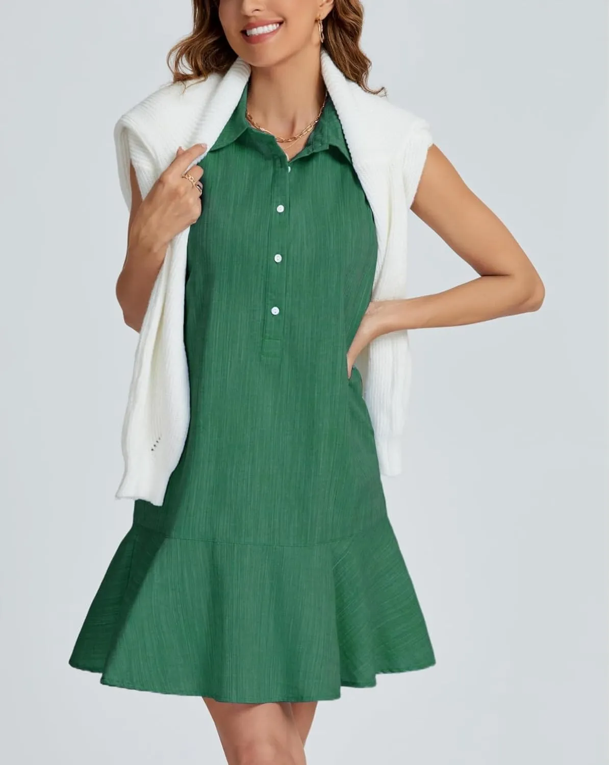 Women's Summer V Neck Button Down Shirt Dress Casual Collared Flowy Cotton Linen Mini Dress with Pockets