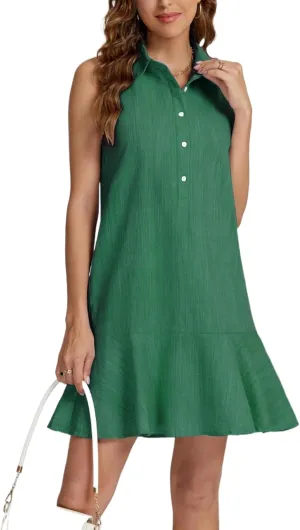 Women's Summer V Neck Button Down Shirt Dress Casual Collared Flowy Cotton Linen Mini Dress with Pockets