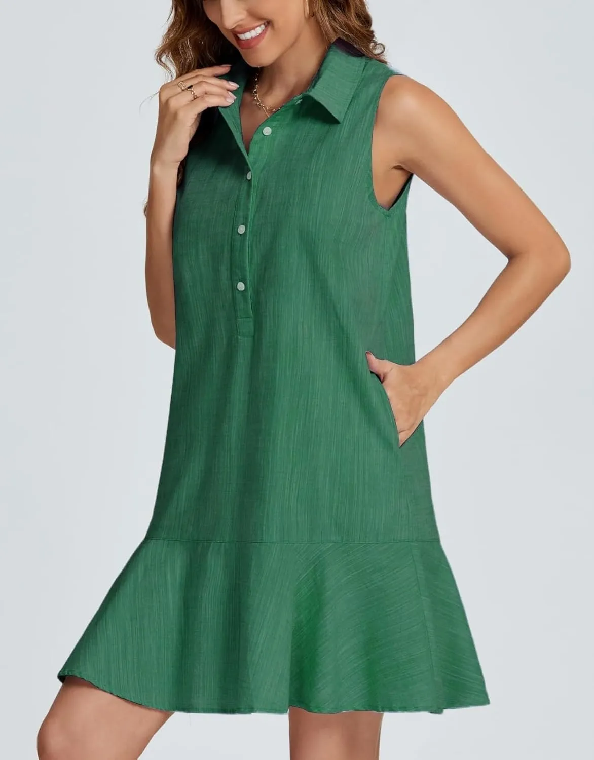 Women's Summer V Neck Button Down Shirt Dress Casual Collared Flowy Cotton Linen Mini Dress with Pockets