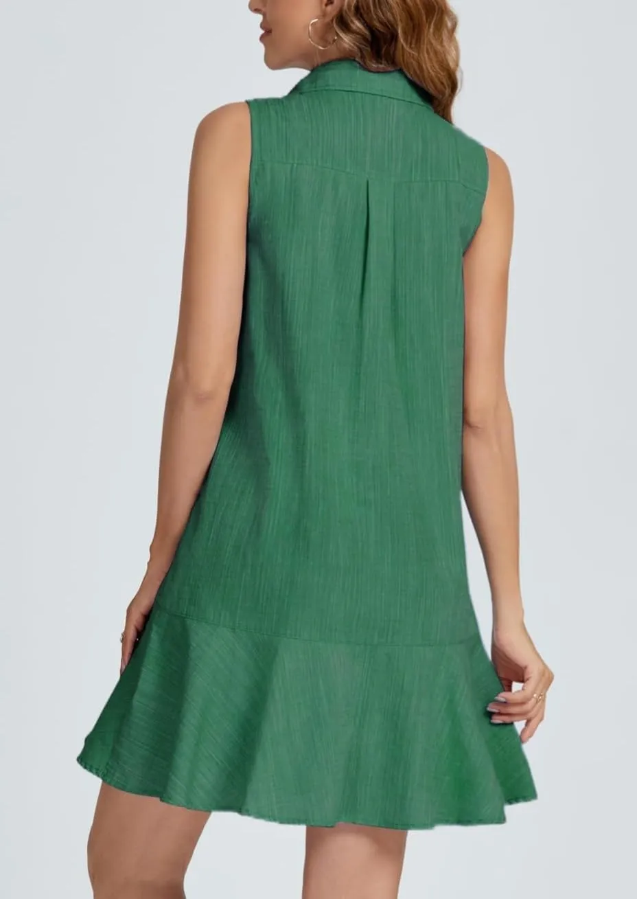 Women's Summer V Neck Button Down Shirt Dress Casual Collared Flowy Cotton Linen Mini Dress with Pockets