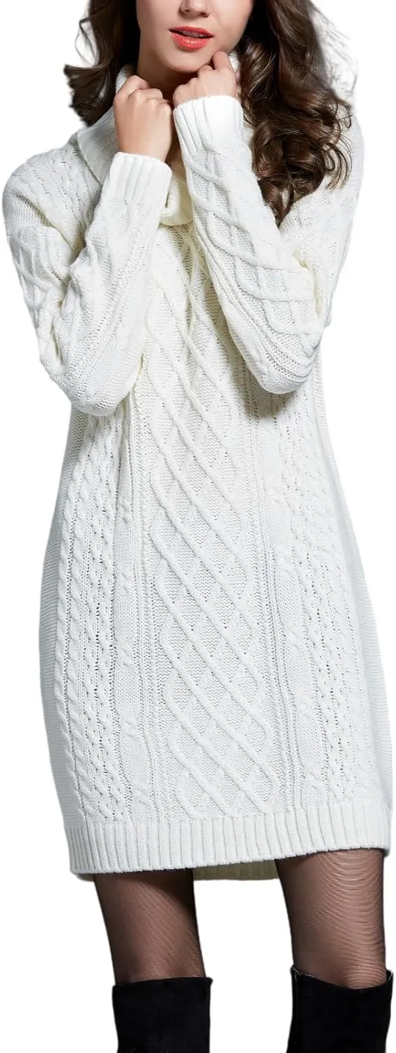 Women's Turtleneck Cable Knit Sweater Dress Long Sleeve Mini Dress Casual Fall & Winter Dress 2025