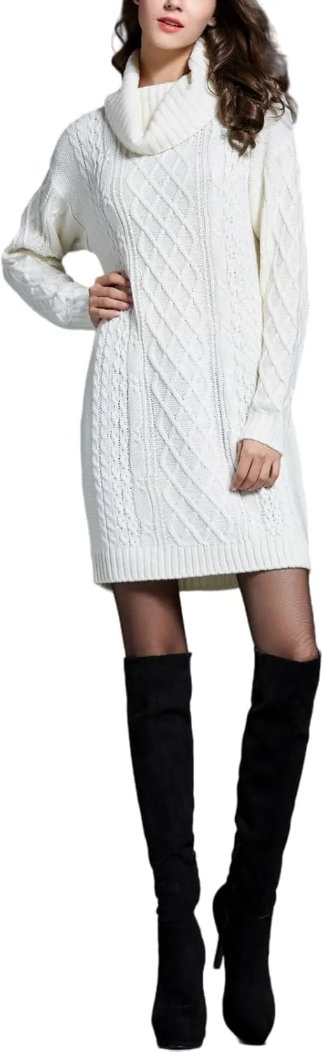 Women's Turtleneck Cable Knit Sweater Dress Long Sleeve Mini Dress Casual Fall & Winter Dress 2025