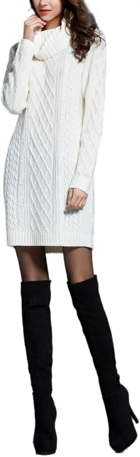 Women's Turtleneck Cable Knit Sweater Dress Long Sleeve Mini Dress Casual Fall & Winter Dress 2025