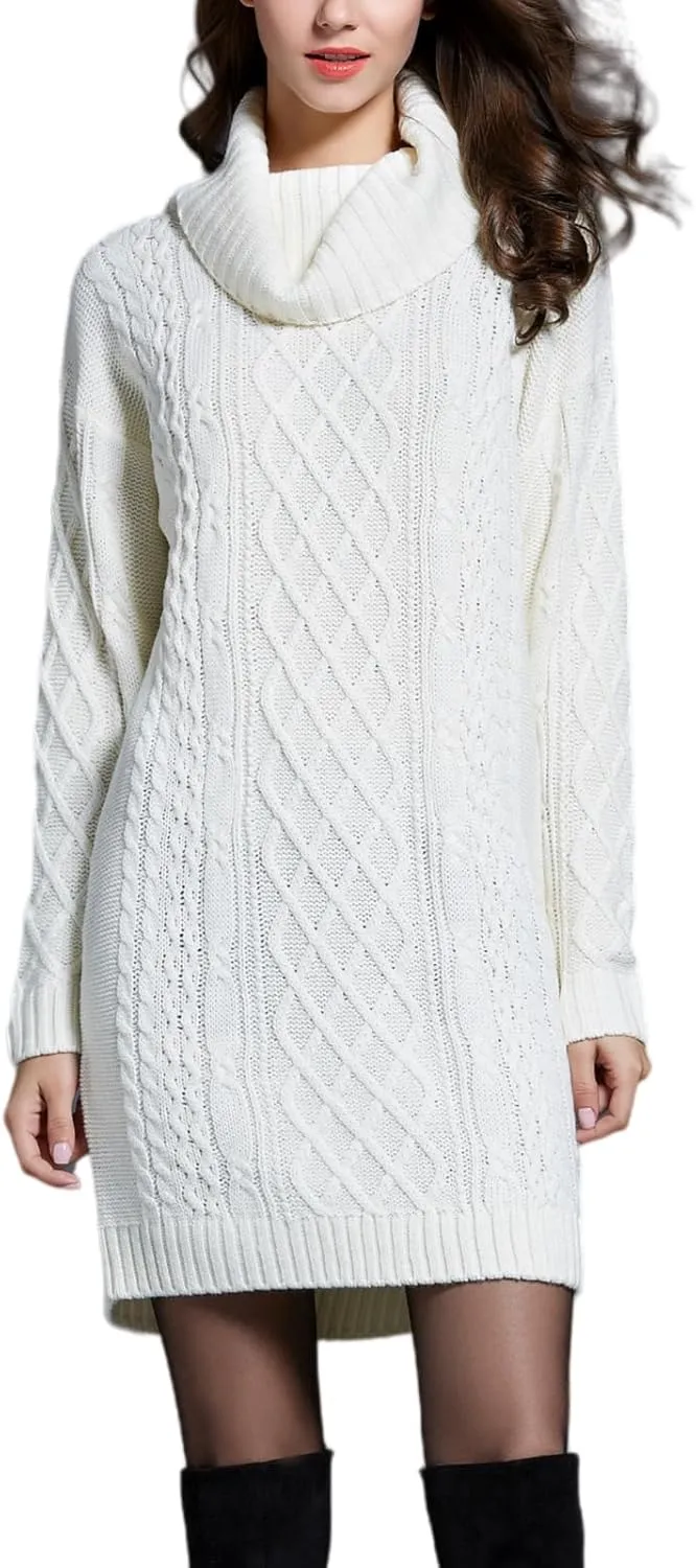 Women's Turtleneck Cable Knit Sweater Dress Long Sleeve Mini Dress Casual Fall & Winter Dress 2025