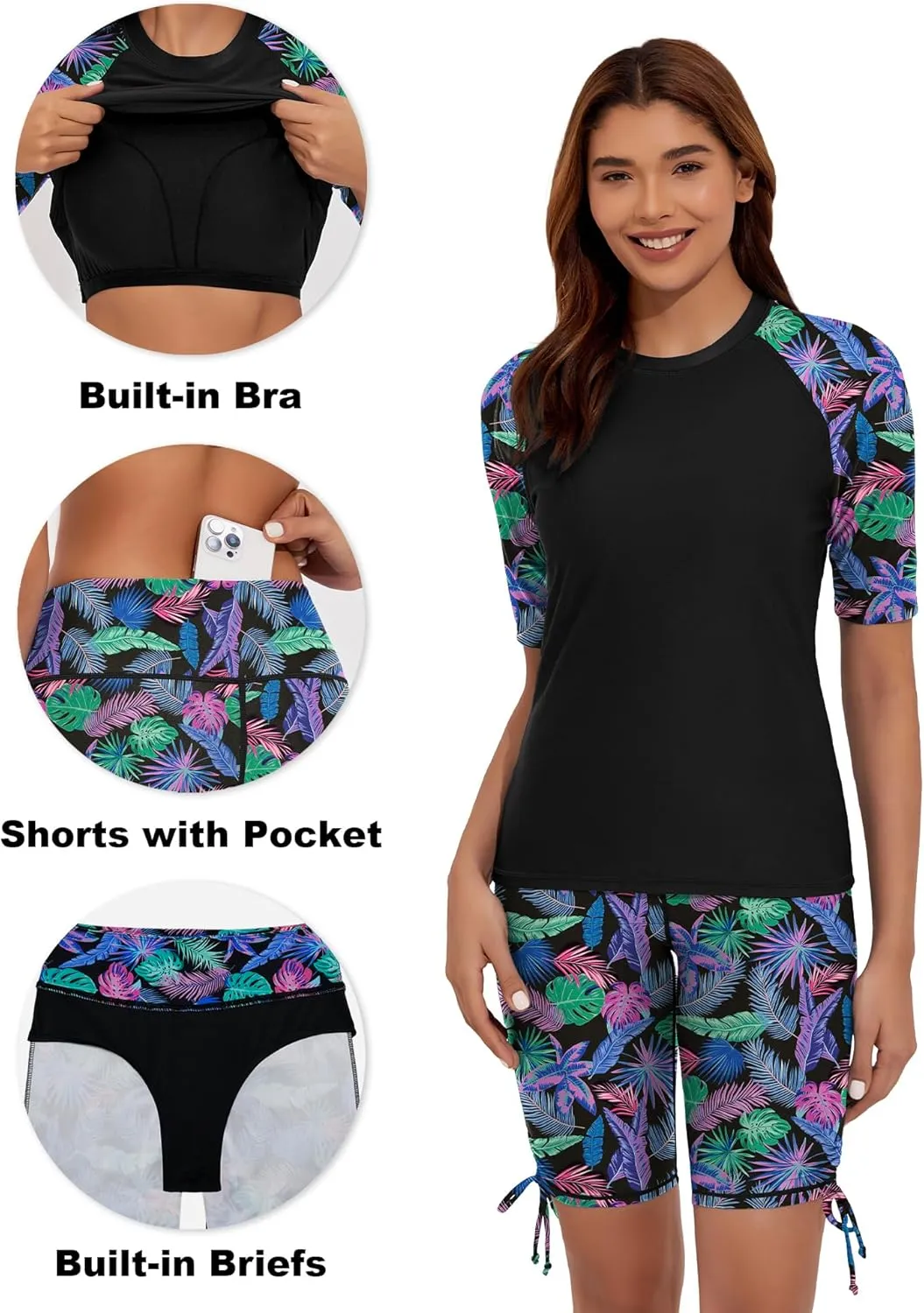 Women's Two Piece Rash Guard Swimsuits Short Sleeve Swim Shirts UPF 50  Built in Bra Bathing Suit with Boyshorts