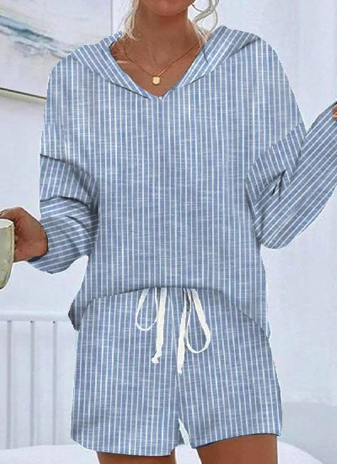 Women's Two Piece Set 2025 Spring Shorts with Long Sleeved Hoodie Top Set Travel Outfits Loungewear Pajama Set