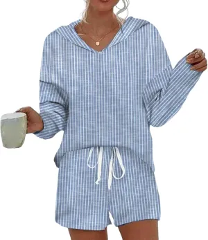 Women's Two Piece Set 2025 Spring Shorts with Long Sleeved Hoodie Top Set Travel Outfits Loungewear Pajama Set