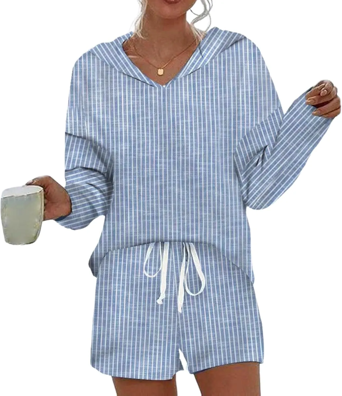 Women's Two Piece Set 2025 Spring Shorts with Long Sleeved Hoodie Top Set Travel Outfits Loungewear Pajama Set