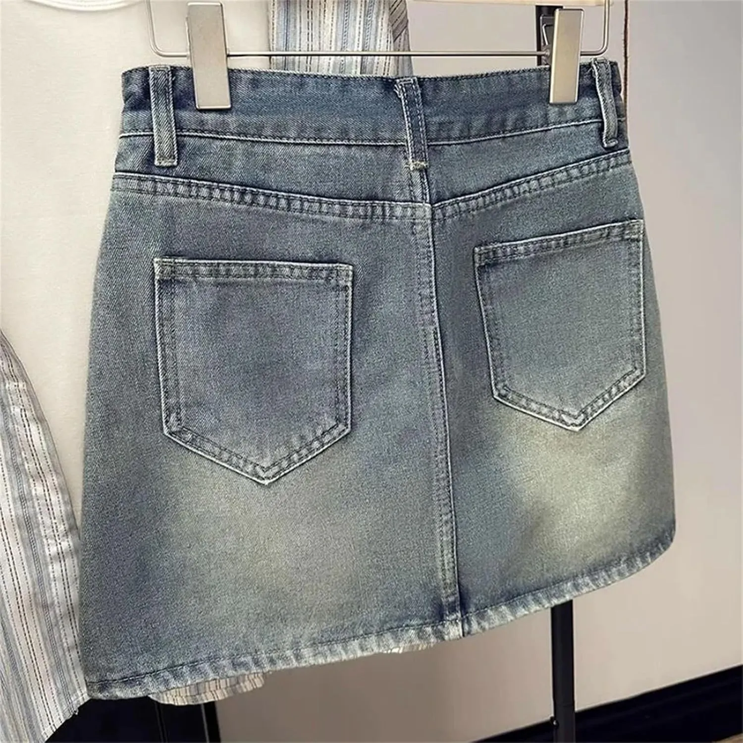 Womens Vintage A- Line Bodycon Jean Short Skirt Summer Korean High-Waisted Slim Denim Mini Skirt
