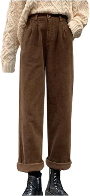 Women's Vintage High Waisted Straight Leg Corduroy Pants Trouser