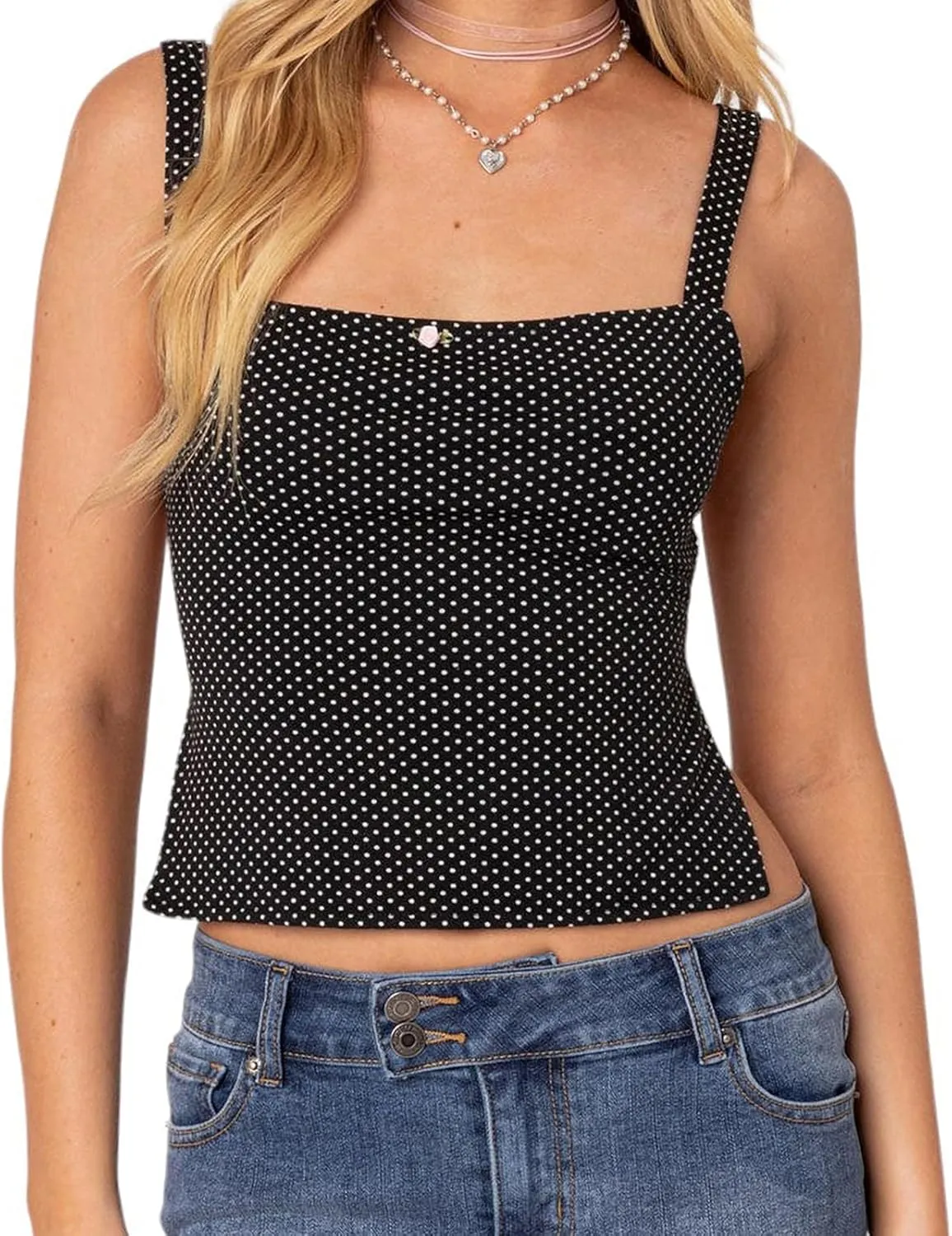 Women's Y2K Dot Print Tie Back Camisole Square Neck Low Cut Tank Vest Slim Fit Sleeveless Backless Cropped Tops
