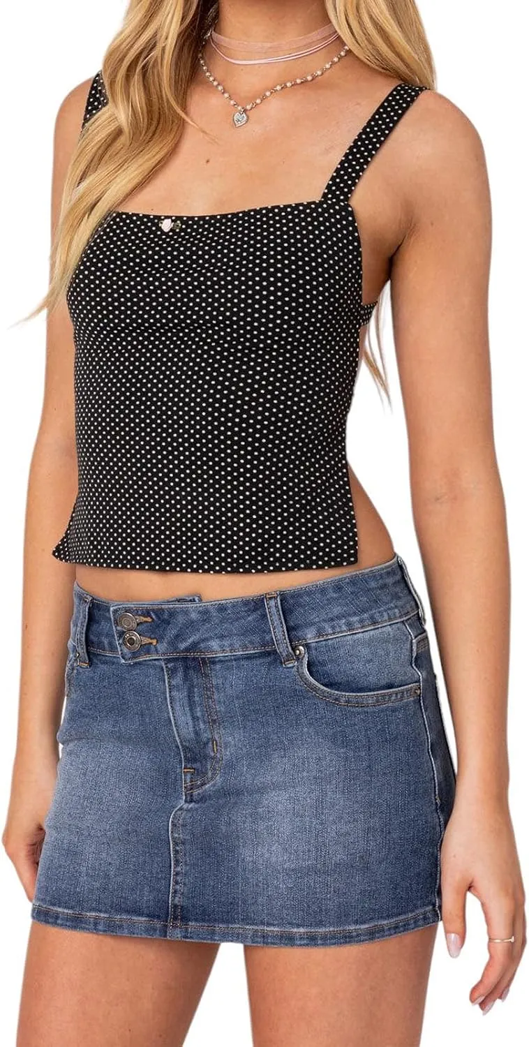 Women's Y2K Dot Print Tie Back Camisole Square Neck Low Cut Tank Vest Slim Fit Sleeveless Backless Cropped Tops