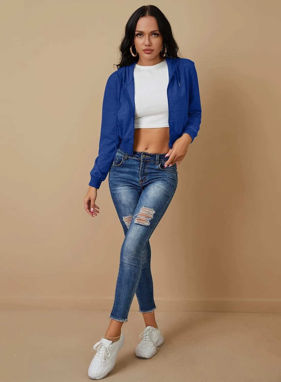 Women's Zip Up Hoodies Cropped Cardigan Jacket Drawstring Hooded Sweatshirts Casual Long Sleeve Top