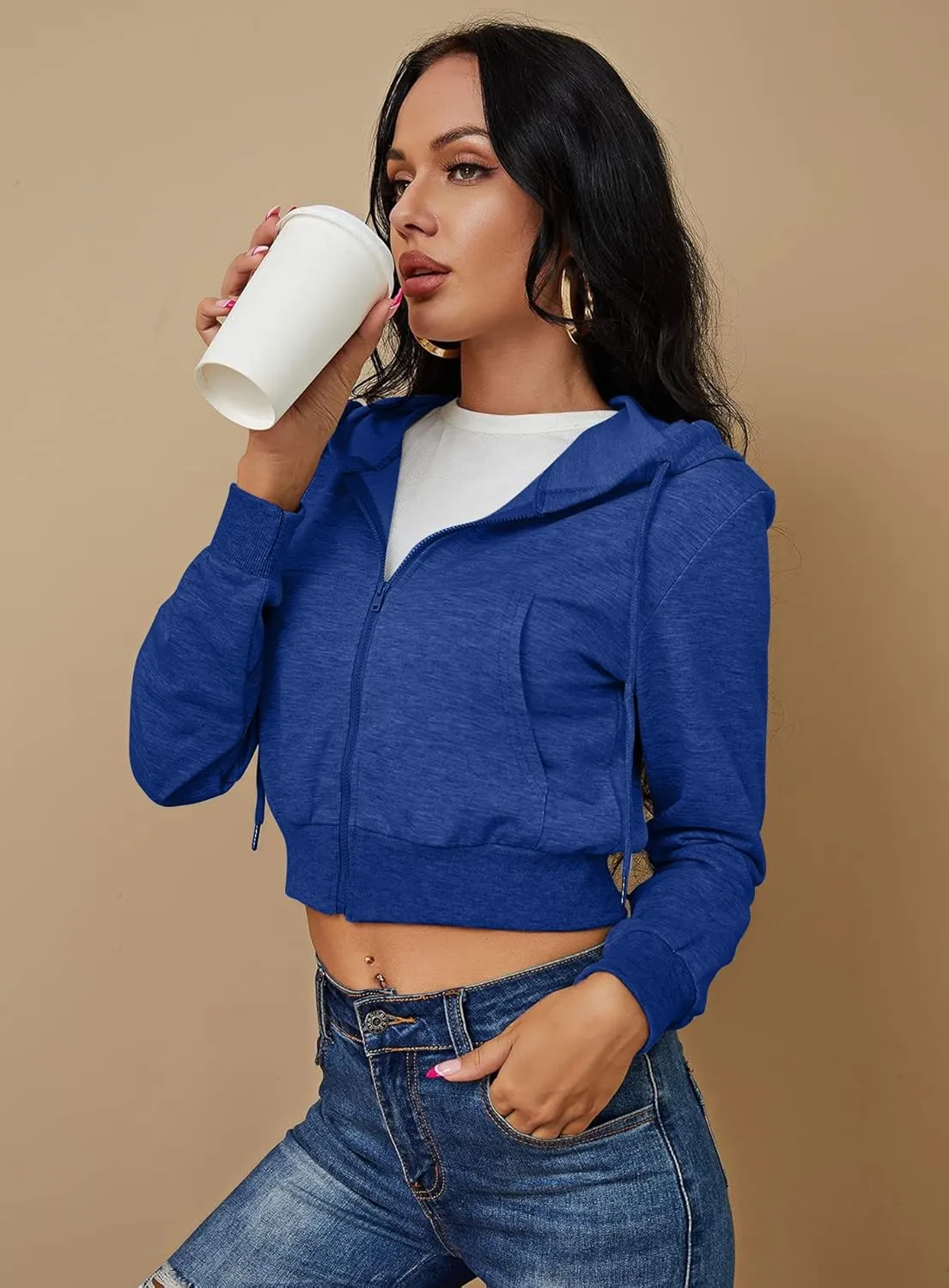 Women's Zip Up Hoodies Cropped Cardigan Jacket Drawstring Hooded Sweatshirts Casual Long Sleeve Top