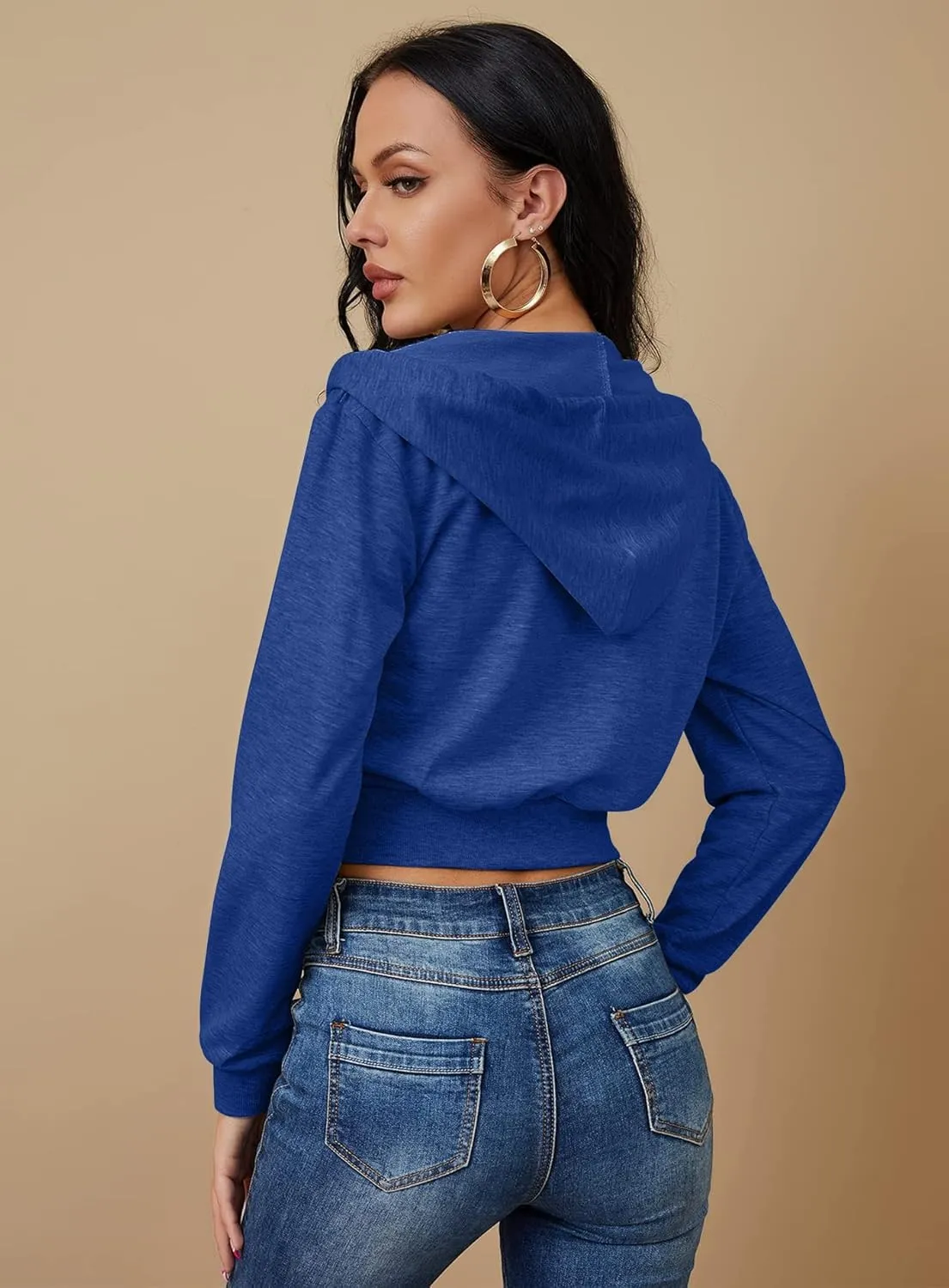 Women's Zip Up Hoodies Cropped Cardigan Jacket Drawstring Hooded Sweatshirts Casual Long Sleeve Top