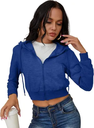 Women's Zip Up Hoodies Cropped Cardigan Jacket Drawstring Hooded Sweatshirts Casual Long Sleeve Top