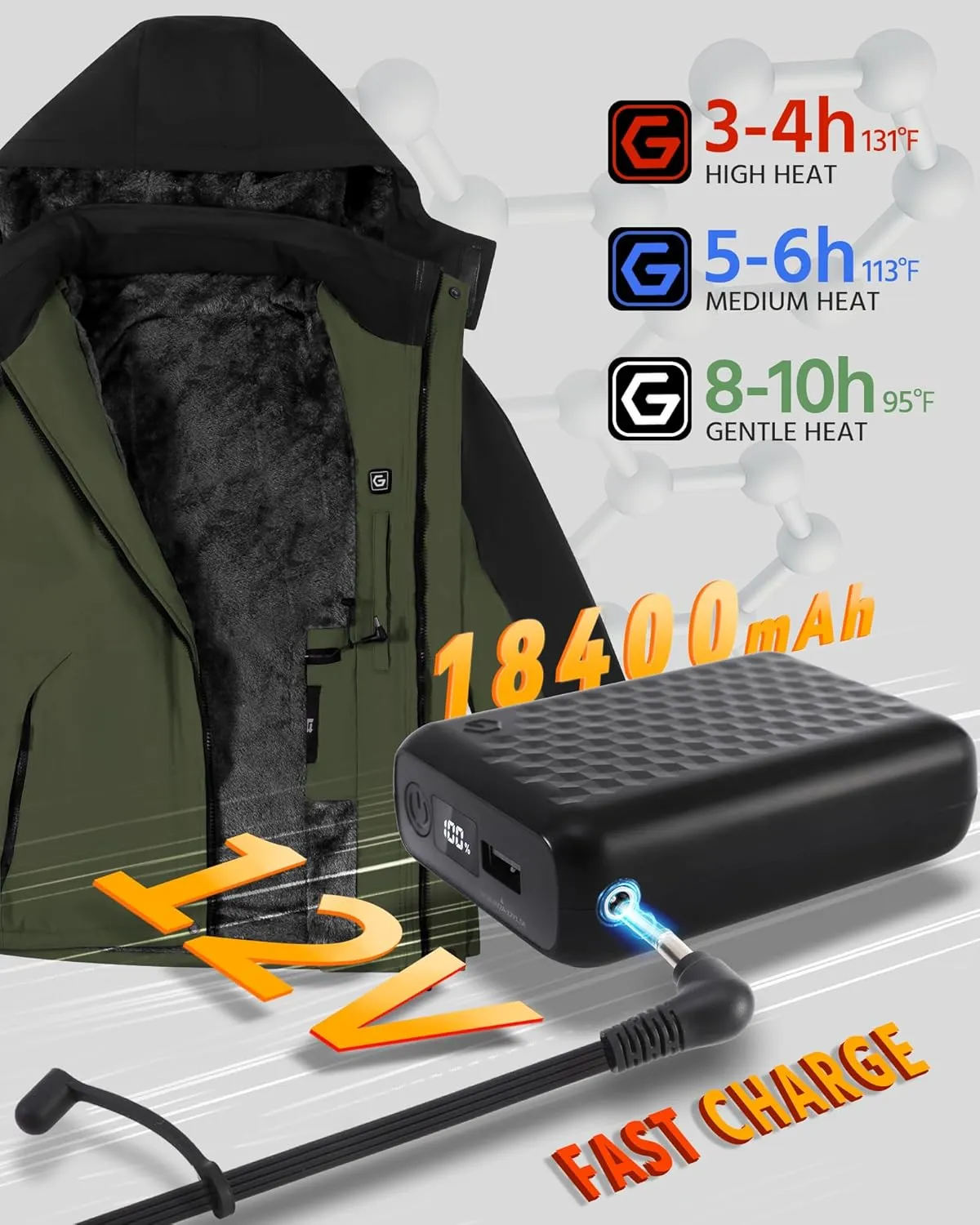 Wulcea Graphene Heated Jacket for Men Fur Lined with Large Capacity Battery Pack