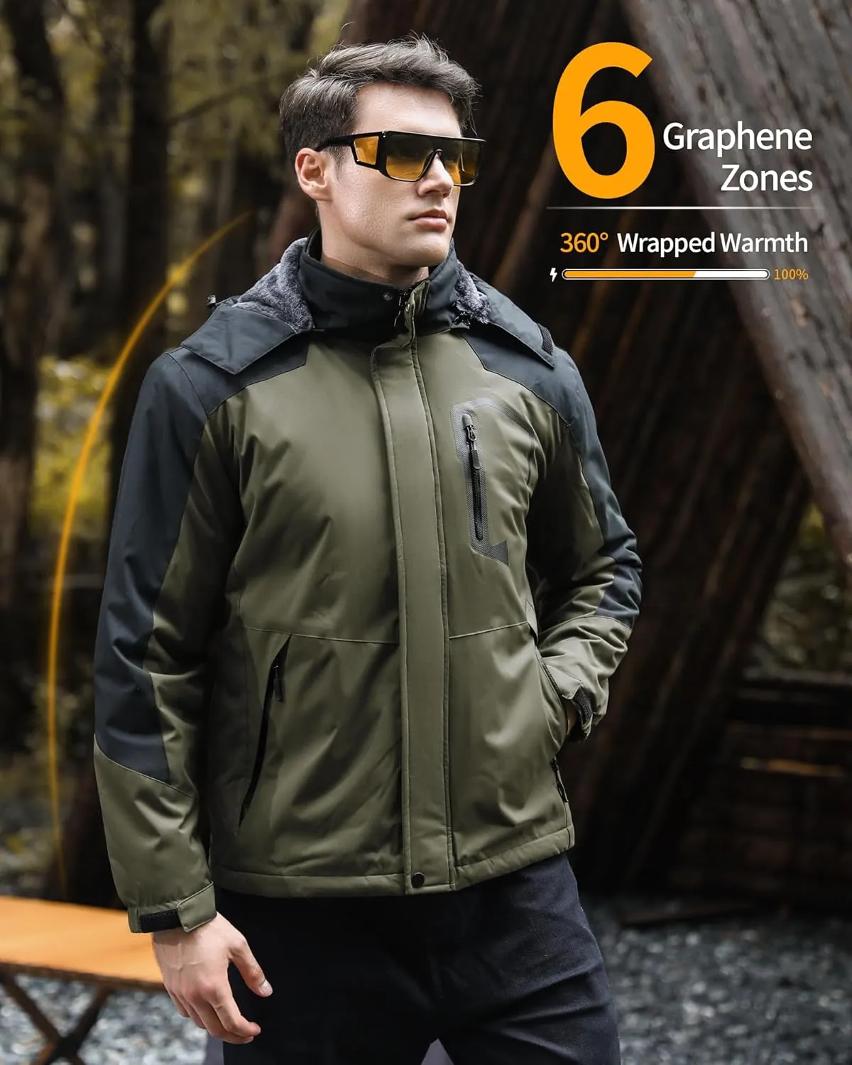 Wulcea Graphene Heated Jacket for Men Fur Lined with Large Capacity Battery Pack