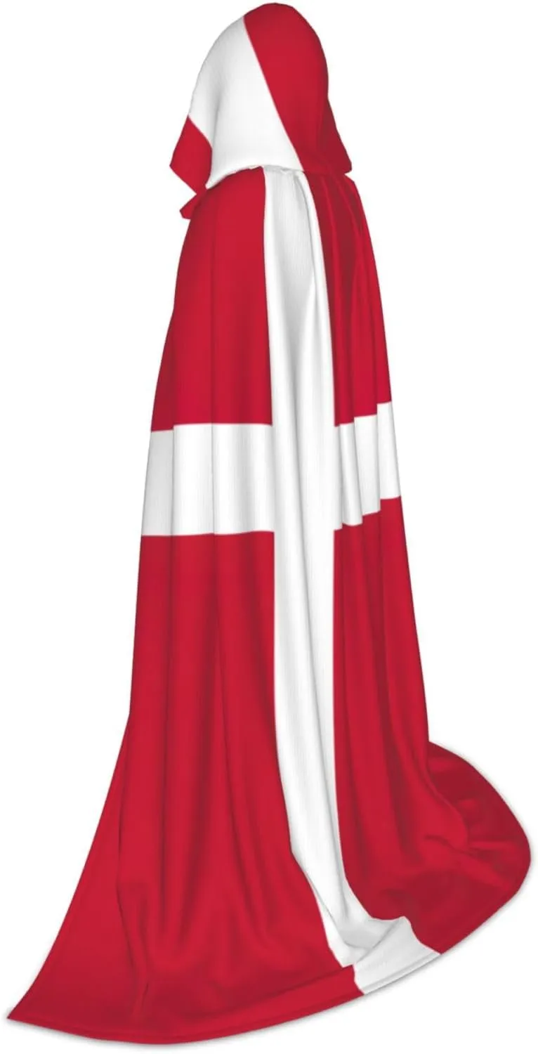 WURTON Danish Flag Print Unisex Hooded Cape Style Cosplay Cloak Adult Hooded Cloak Gothic Cloak Witch Cloak