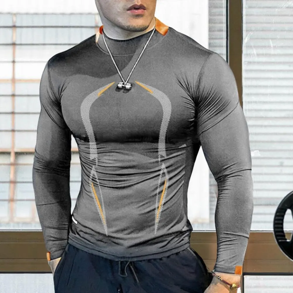 Xingfenly High Elasticity Sweat Absorption Sport -Shirt Slim Fit Quick Dry Autumn Solid Color Round Neck Long Gym Shirt