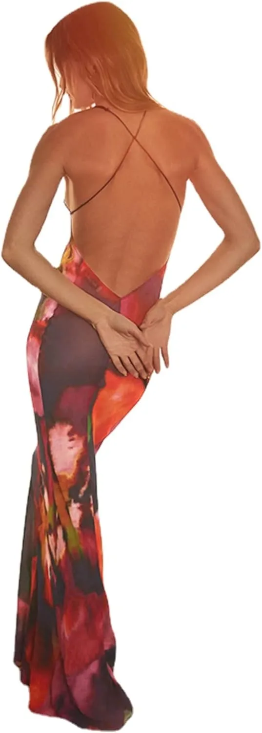 XPONNI Y2K Backless Wedding Guest Dress Sheer Lace Tie Dye Vacation Maxi Dress Resort Beach Long Dresses Summer 2025