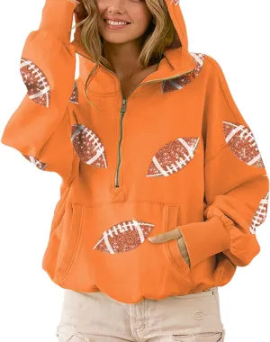 Xunger Women's Football Sequin Hoodie Half Zip Long Sleeve Rugby Patches Game Day Hooded Sweatshirt