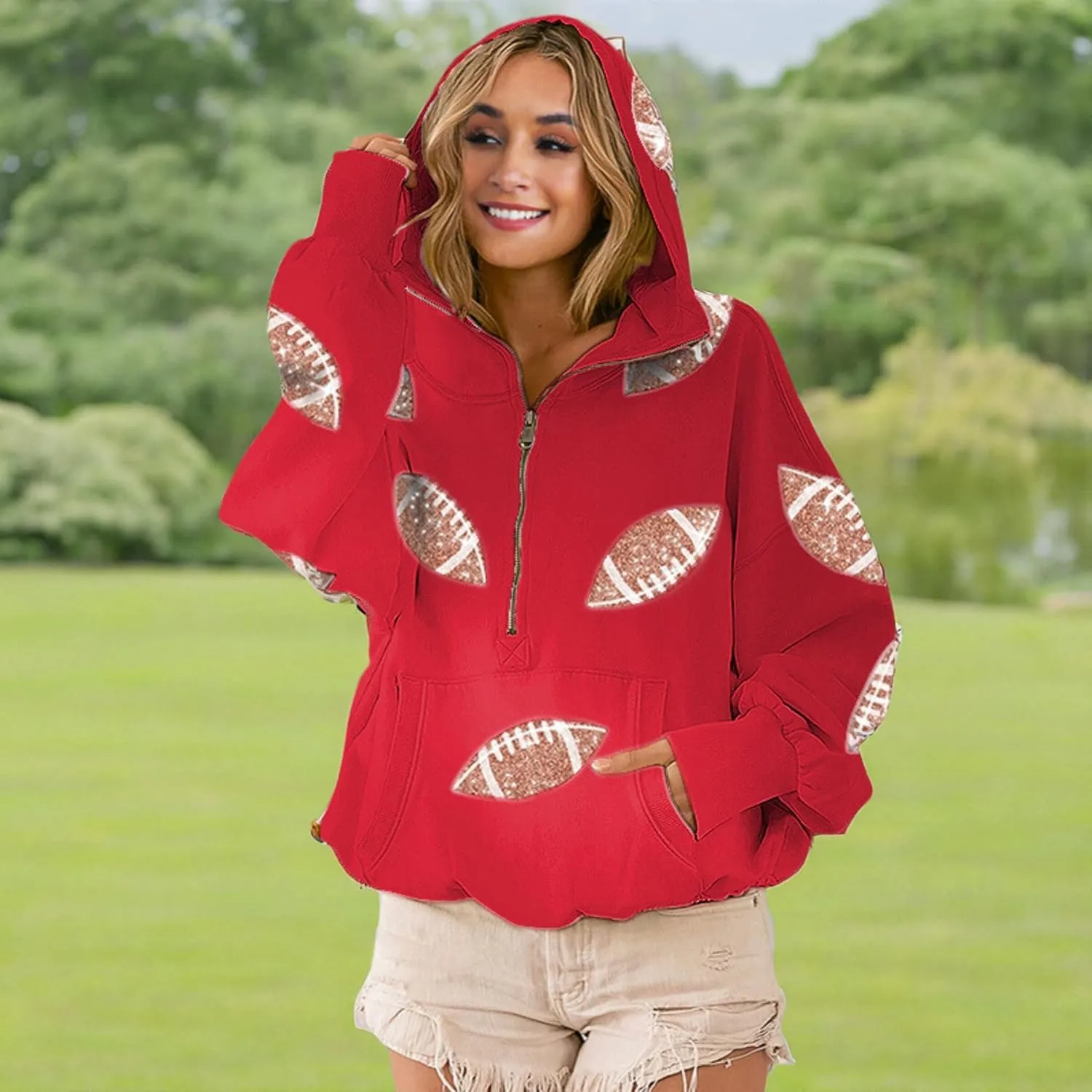 Xunger Women's Football Sequin Hoodie Half Zip Long Sleeve Rugby Patches Game Day Hooded Sweatshirt