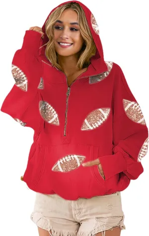 Xunger Women's Football Sequin Hoodie Half Zip Long Sleeve Rugby Patches Game Day Hooded Sweatshirt
