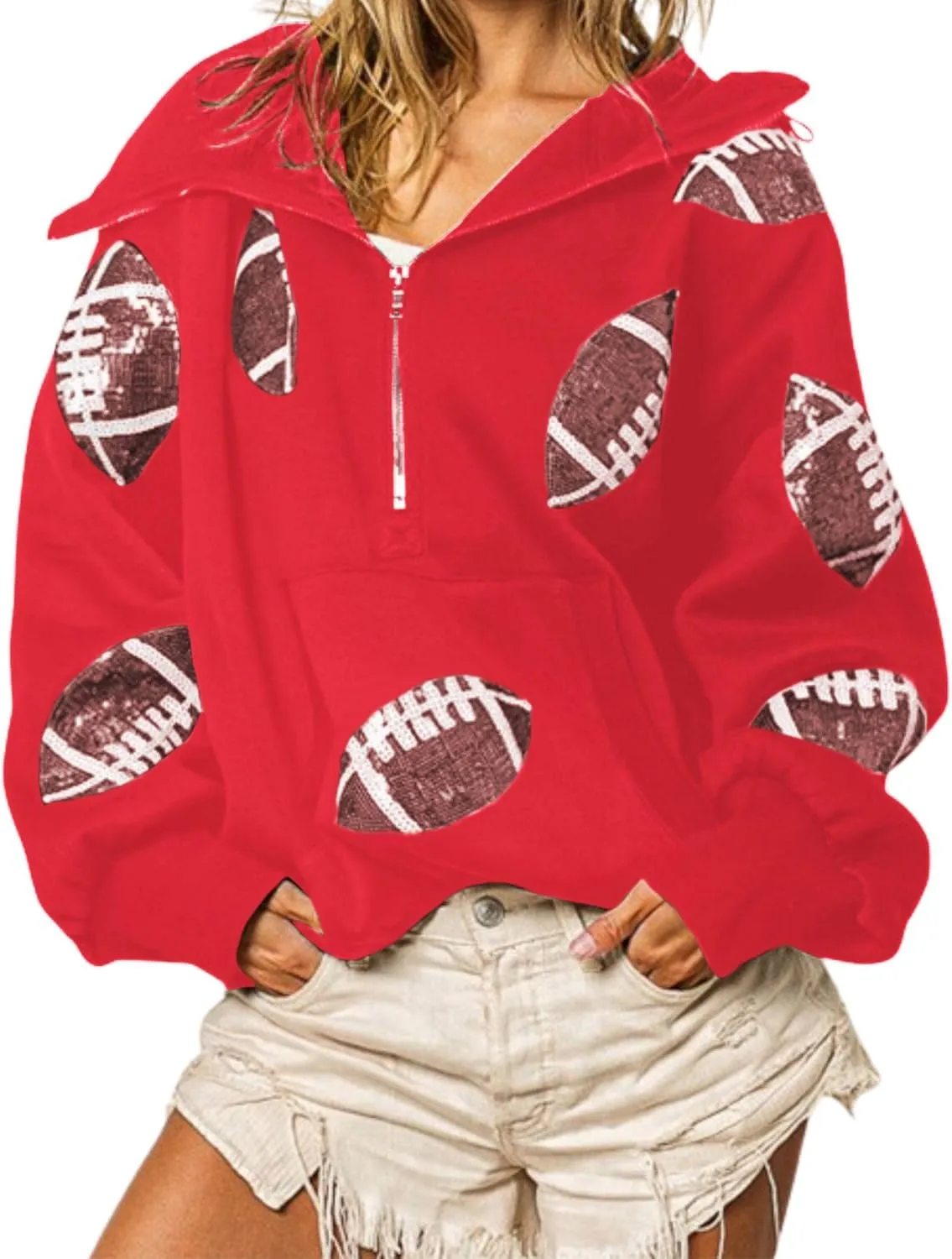 Xunger Women's Football Sequin Hoodie Half Zip Long Sleeve Rugby Patches Game Day Hooded Sweatshirt