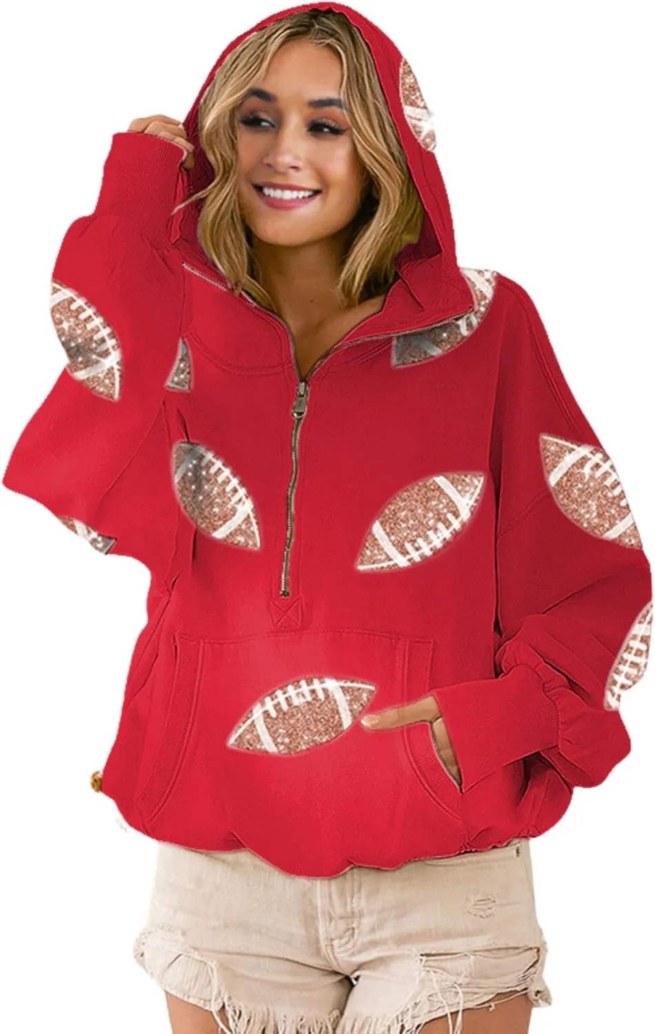 Xunger Women's Football Sequin Hoodie Half Zip Long Sleeve Rugby Patches Game Day Hooded Sweatshirt