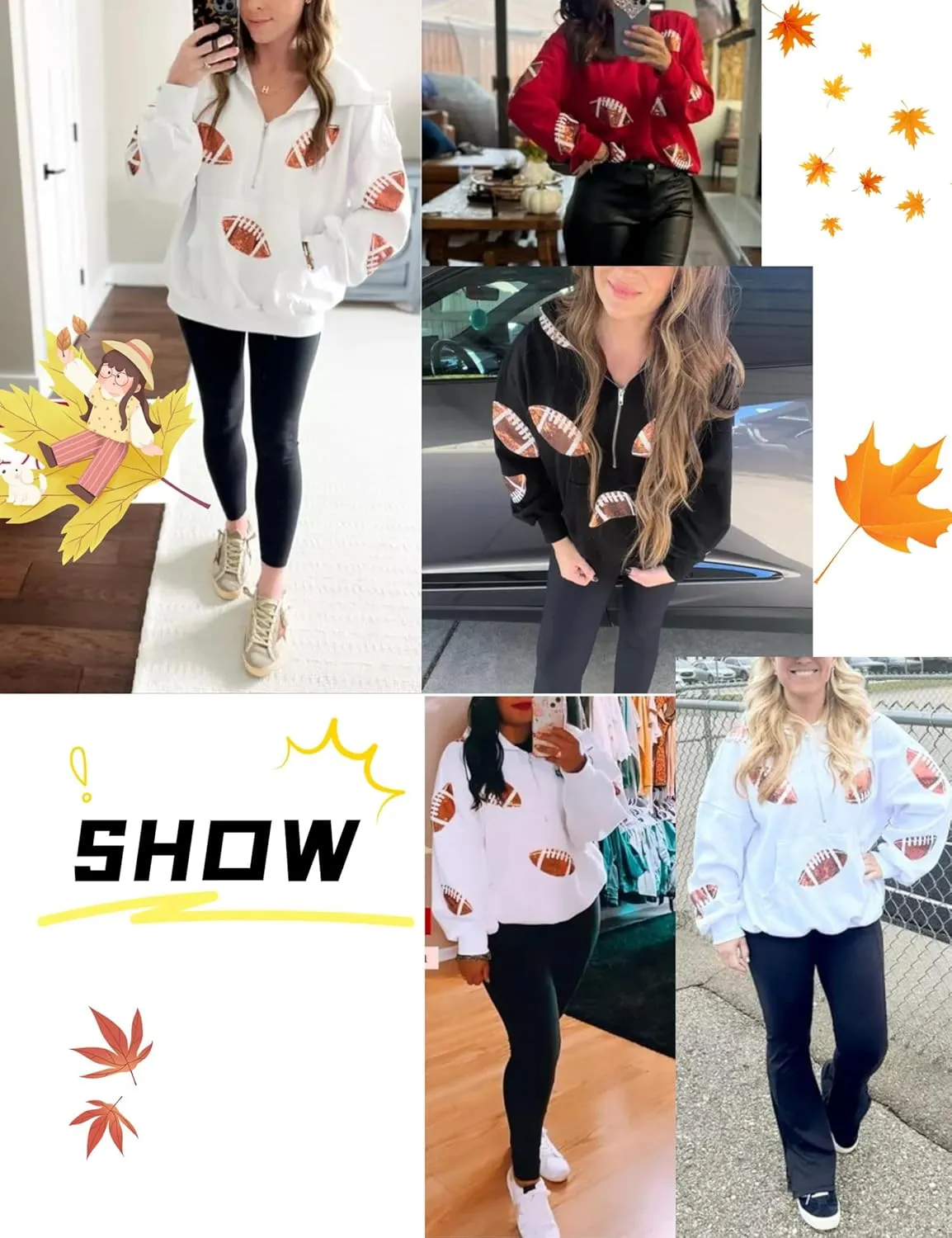 Xunger Women's Football Sequin Hoodie Half Zip Long Sleeve Rugby Patches Game Day Hooded Sweatshirt