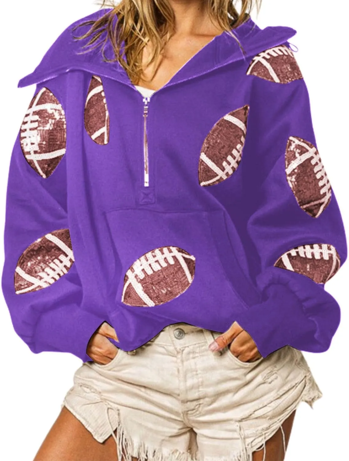 Xunger Women's Football Sequin Hoodie Half Zip Long Sleeve Rugby Patches Game Day Hooded Sweatshirt