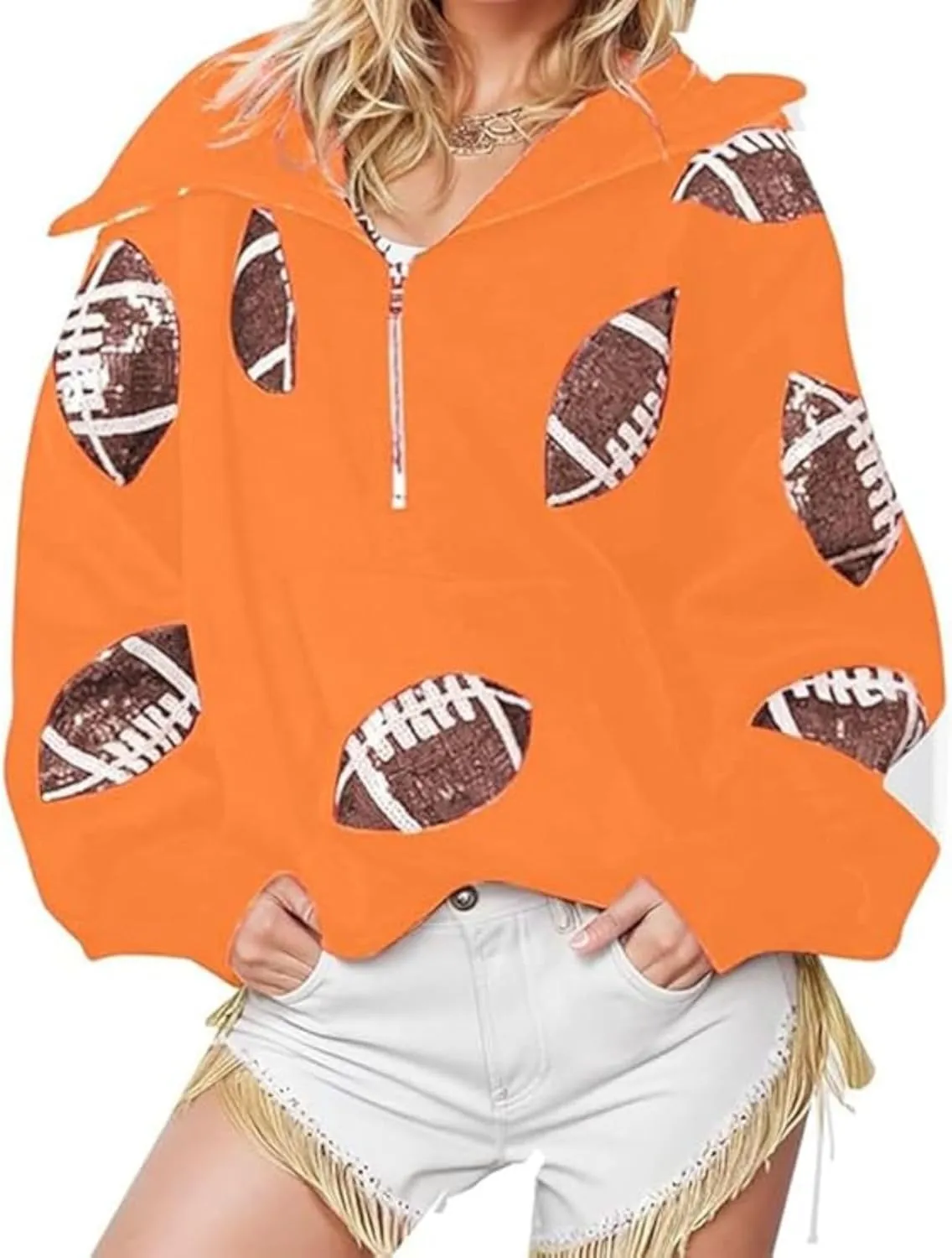 Xunger Women's Football Sequin Hoodie Half Zip Long Sleeve Rugby Patches Game Day Hooded Sweatshirt