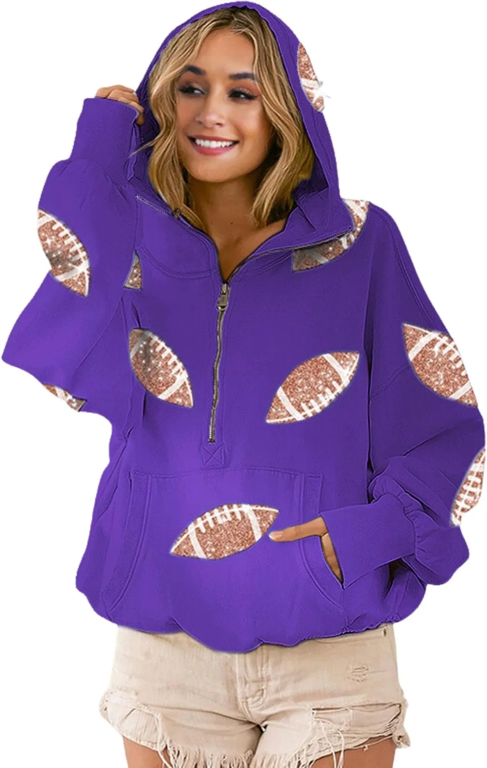 Xunger Women's Football Sequin Hoodie Half Zip Long Sleeve Rugby Patches Game Day Hooded Sweatshirt