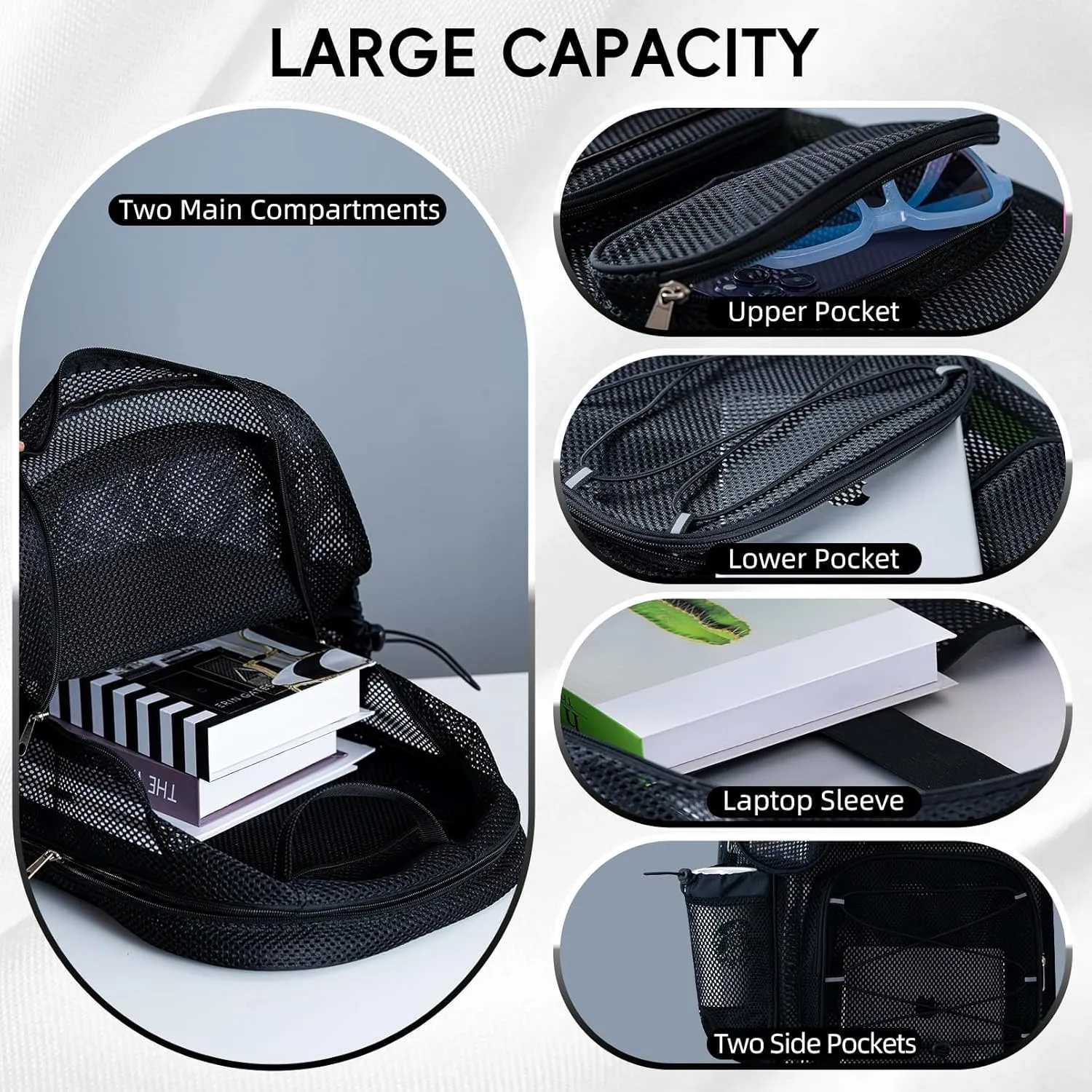 XXLarge Mesh Backpack for School 40L See Through Stylish Heavy Duty Backpack for Girls Boys Kids Adults Beach Travel Hiking Outdoor Sport(Black)