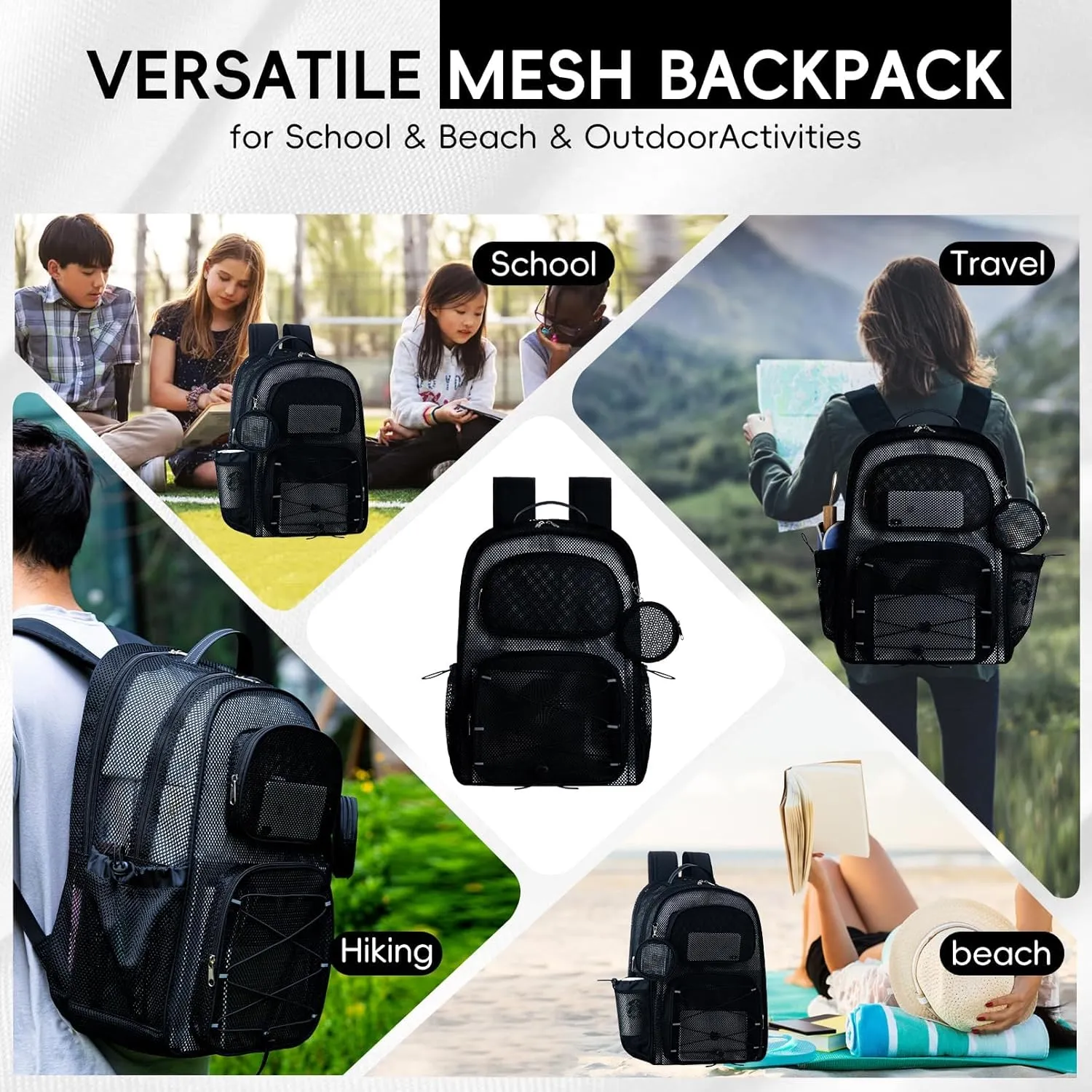 XXLarge Mesh Backpack for School 40L See Through Stylish Heavy Duty Backpack for Girls Boys Kids Adults Beach Travel Hiking Outdoor Sport(Black)