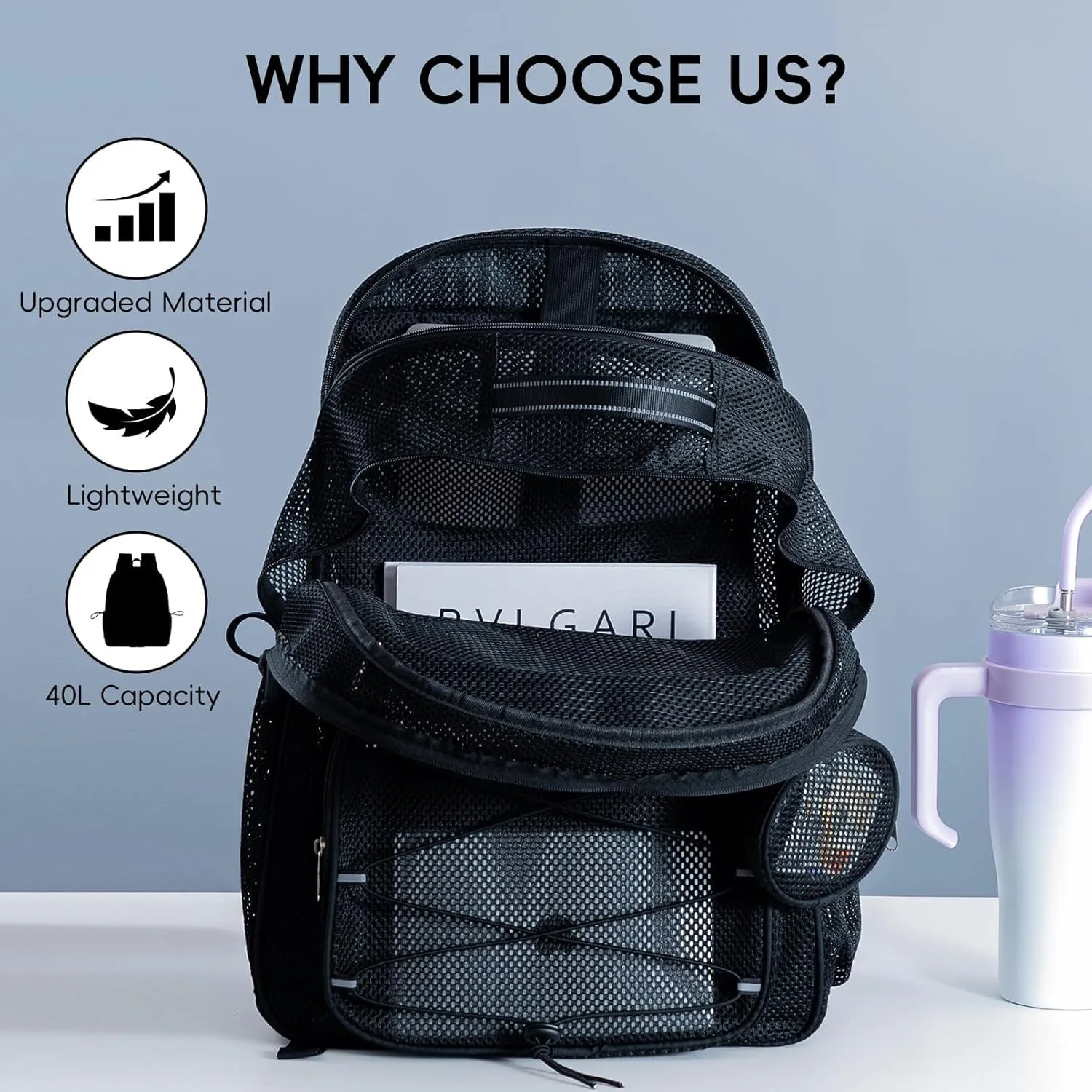 XXLarge Mesh Backpack for School 40L See Through Stylish Heavy Duty Backpack for Girls Boys Kids Adults Beach Travel Hiking Outdoor Sport(Black)