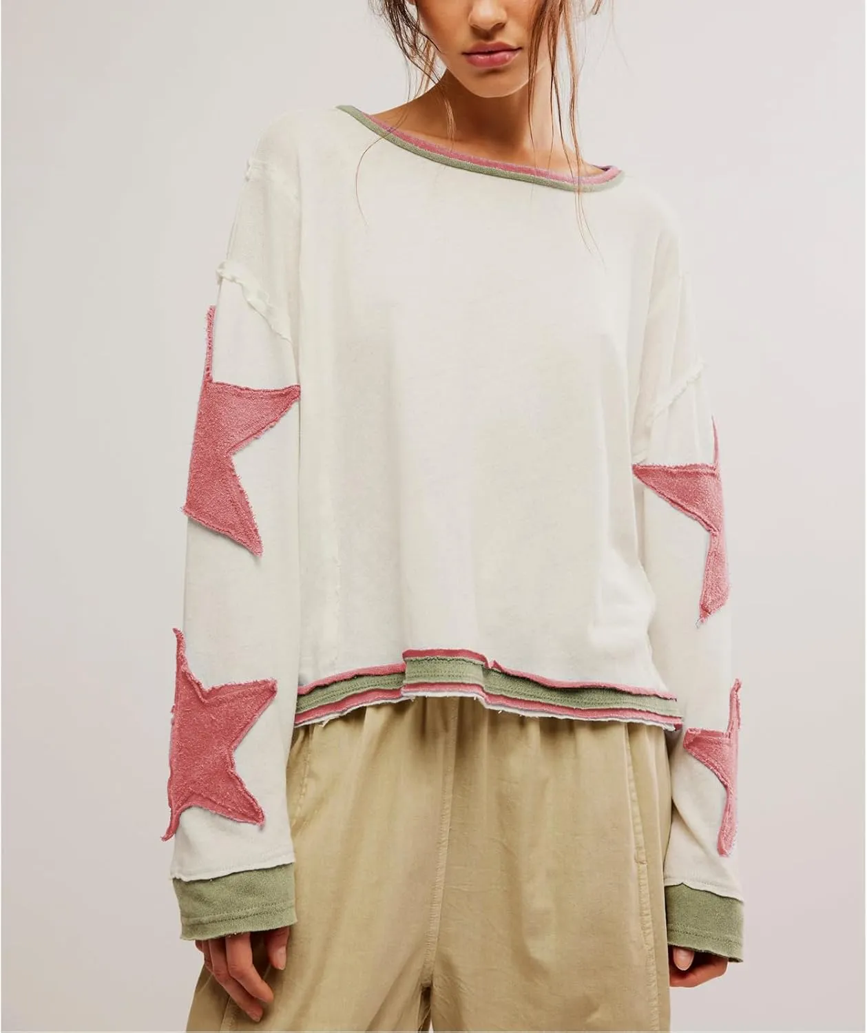 Y2k Oversized Sweatshirts Womens Long Sleeve Crewneck Cute Star Striped Graphic Hoodies Shirts Teens Girl Jacket