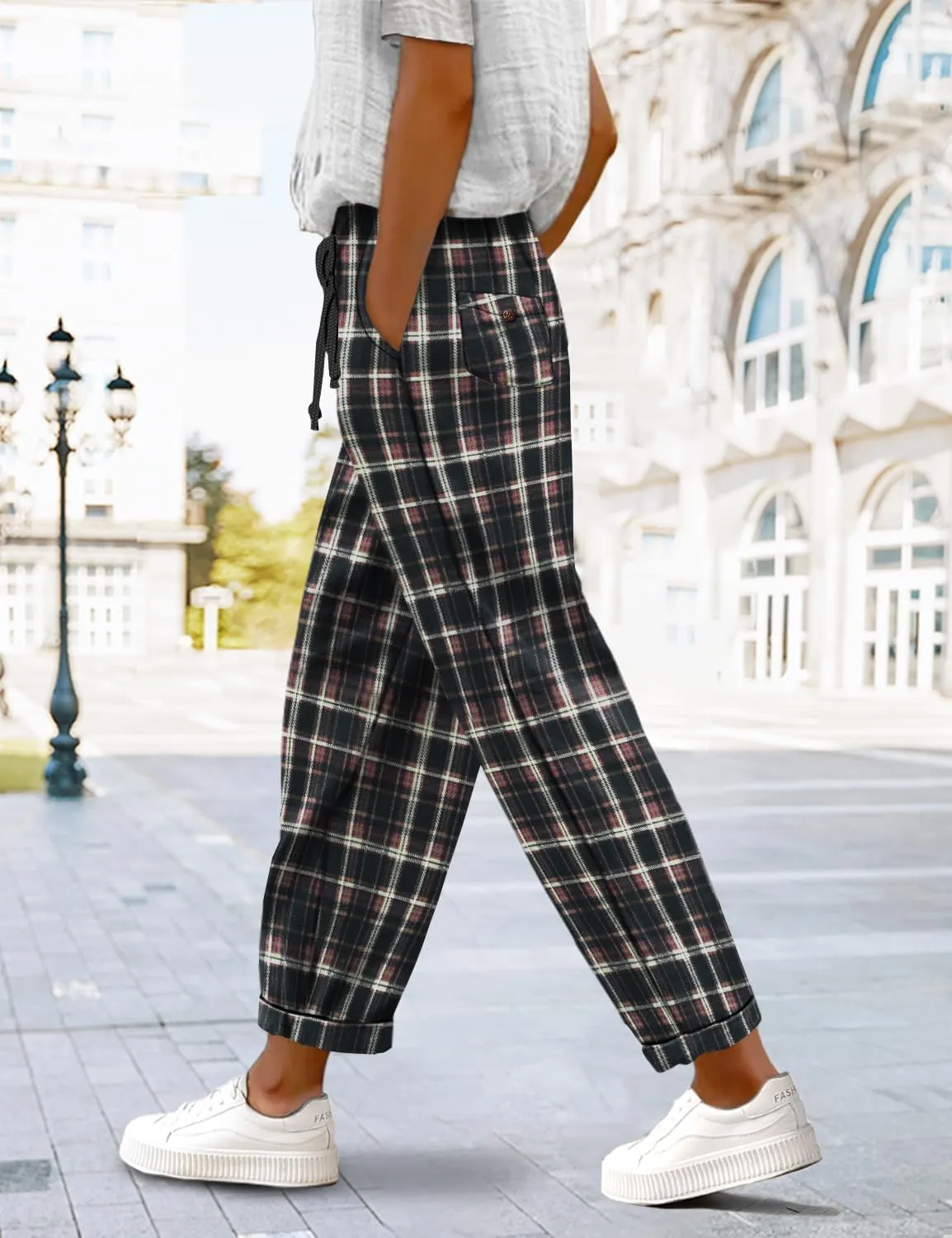YESNO Women's Casual Straight Leg Pants Fall Drawstring Elastic High Waist Woolen Tapered Trousers with Pockets PWT