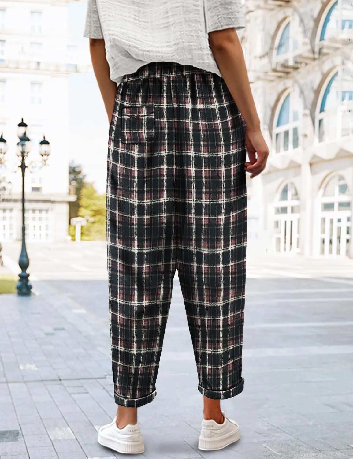 YESNO Women's Casual Straight Leg Pants Fall Drawstring Elastic High Waist Woolen Tapered Trousers with Pockets PWT