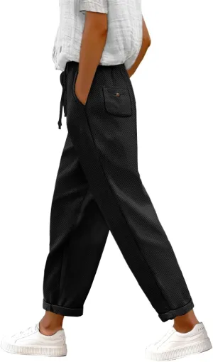 YESNO Women's Casual Straight Leg Pants Fall Drawstring Elastic High Waist Woolen Tapered Trousers with Pockets PWT