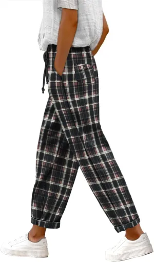 YESNO Women's Casual Straight Leg Pants Fall Drawstring Elastic High Waist Woolen Tapered Trousers with Pockets PWT
